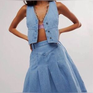 Free People Scout Light Wash Denim Set with Pleated Midi Skirt Size 10